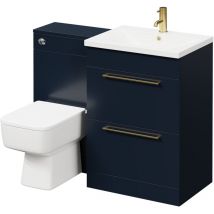 Deep Blue 1100mm Vanity Unit Toilet Suite with 1 Tap Hole Basin and 2 Drawers with Brushed Brass Handles - Deep Blue - Napoli