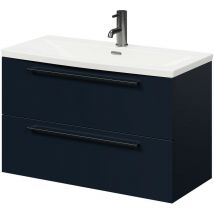 Deep Blue 800mm Wall Mounted Vanity Unit with 1 Tap Hole Curved Basin and 2 Drawers with Gunmetal Grey Handles - Deep Blue - Napoli