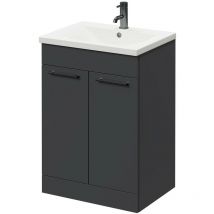 Gloss Grey 600mm Floor Standing Vanity Unit with 1 Tap Hole Basin and 2 Doors with Gunmetal Grey Handles - Gloss Grey - Napoli
