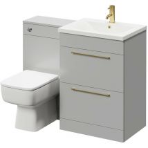 Gloss Grey Pearl 1100mm Vanity Unit Toilet Suite with 1 Tap Hole Basin and 2 Drawers with Brushed Brass Handles - Gloss Grey Pearl - Napoli
