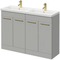 Gloss Grey Pearl 1200mm Floor Standing Vanity Unit with Polymarble Double Basin and 4 Doors with Brushed Brass Handles - Gloss Grey Pearl - Napoli