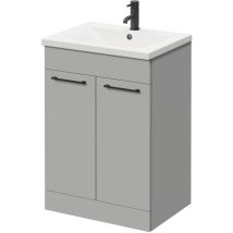Gloss Grey Pearl 600mm Floor Standing Vanity Unit with 1 Tap Hole Basin and 2 Doors with Matt Black Handles - Napoli