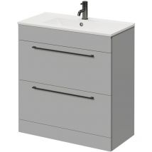 Napoli - Gloss Grey Pearl 800mm Floor Standing Vanity Unit with 1 Tap Hole Minimalist Basin and 2 Drawers with Gunmetal Grey Handles