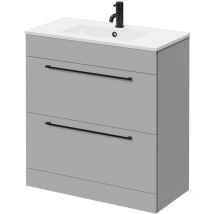 Gloss Grey Pearl 800mm Floor Standing Vanity Unit with 1 Tap Hole Minimalist Basin and 2 Drawers with Matt Black Handles - Napoli