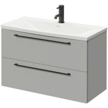 Gloss Grey Pearl 800mm Wall Mounted Vanity Unit with 1 Tap Hole Curved Basin and 2 Drawers with Matt Black Handles - Gloss Grey Pearl - Napoli