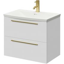 Gloss White 600mm Wall Mounted Vanity Unit with 1 Tap Hole Curved Basin and 2 Drawers with Brushed Brass Handles - Gloss White - Napoli