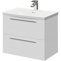 Gloss White 600mm Wall Mounted Vanity Unit with 1 Tap Hole Curved Basin and 2 Drawers with Polished Chrome Handles - Napoli