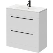 Napoli - Gloss White 800mm Floor Standing Vanity Unit with 1 Tap Hole Minimalist Basin and 2 Drawers with Matt Black Handles