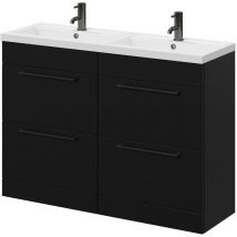 Napoli Matt Black 1200mm Floor Standing Vanity Unit with Polymarble Double Basin and 4 Drawers with Gunmetal Grey Handles
