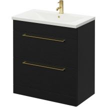 Nero Oak 800mm Floor Standing Vanity Unit with 1 Tap Hole Basin and 2 Drawers with Brushed Brass Handles - Nero Oak - Napoli