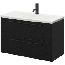 Napoli Nero Oak 800mm Wall Mounted Vanity Unit with 1 Tap Hole Curved Basin and 2 Drawers with Matt Black Handles - Nero Oak