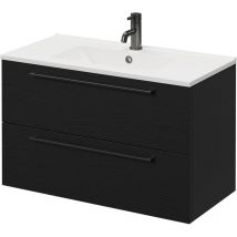 Napoli - Nero Oak 800mm Wall Mounted Vanity Unit with 1 Tap Hole Minimalist Basin and 2 Drawers with Gunmetal Grey Handles