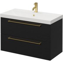 Napoli - Nero Oak 800mm Wall Mounted Vanity Unit with 1 Tap Hole Slim Edge Basin and 2 Drawers with Brushed Brass Handles