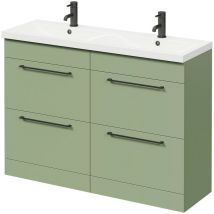 Napoli - Olive Green 1200mm Floor Standing Vanity Unit with Ceramic Double Basin and 4 Drawers with Matt Black Handles - Olive Green