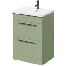 Olive Green 600mm Floor Standing Vanity Unit with 1 Tap Hole Basin and 2 Drawers with Matt Black Handles - Olive Green - Napoli