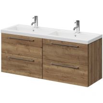 Napoli - Tobacco Oak 1200mm Wall Mounted Vanity Unit with Polymarble Double Basin and 4 Drawers with Chrome Handles