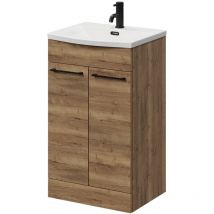 Tobacco Oak 500mm Floor Standing Vanity Unit with 1 Tap Hole Curved Basin and 2 Doors with Matt Black Handles - Napoli