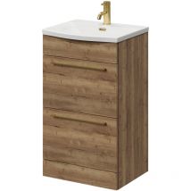 Napoli - Tobacco Oak 500mm Floor Standing Vanity Unit with 1 Tap Hole Curved Basin and 2 Drawers with Brushed Brass Handles