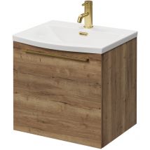 Napoli Tobacco Oak 500mm Wall Mounted Vanity Unit with 1 Tap Hole Curved Basin and Single Drawer with Brushed Brass Handle