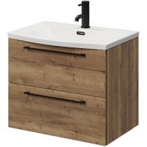 Napoli Tobacco Oak 600mm Wall Mounted Vanity Unit with 1 Tap Hole Curved Basin and 2 Drawers with Matt Black Handles