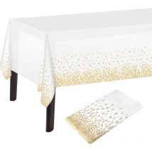Nappe à Pois Blancs et dorés Nappe de Table Blanche et dorée 137 x 274 cm Nappe rectangulaire en Plastique pour décorations de Table d'anniversaire