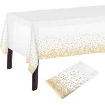 Nappe à pois blancs et dorés Nappe de table blanche et dorée 137 x 274 cm Nappe rectangulaire en plastique pour décorations de table d'anniversaire