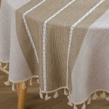 Nappe de ferme avec pompon à coutures lourdes (rond, 60 pouces, lin) Nappe en coton et lin anti-poussière pour décoration de table à manger de cuisine