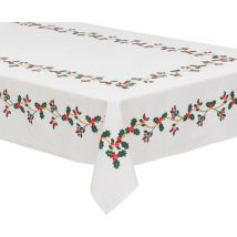 Nappe en Coton Blanc imprimé Houx et Baies rouges finition doré 140 x 360 cm - Feeric Christmas