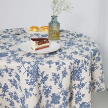 Nappe Pastorale Fleurie Bleu en Lin de Coton Nappe Style Fermier d'intérieur et d'extérieur de 140cm Ronde pour Les fêtes, Les Pique-niques et