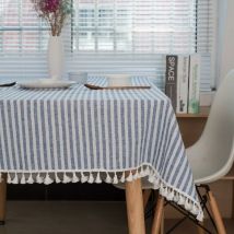 Nappe Rectangle Nappes Nappe à Pampilles rayées Protection de Table Jupe de Table en Lin Table à Manger de Cuisine (Rayures Bleues/Blanches,