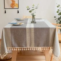 Nappe Rectangulaire Anti Tache Lavable Nappe de Table Coton Lin Nappe Brodé Gland Nappes pour Cuisine Table à Manger Décoration de Buffet (140x180CM)