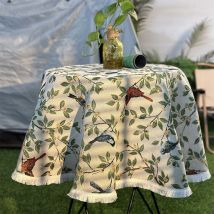 Nappe ronde en coton et lin avec branches de fleurs et oiseaux - 150 cm - Pour intérieur et extérieur - Pour fête, pique-nique, restaurant, jardin
