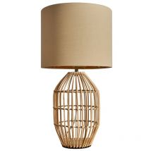 Minisun - Hollins Contemporary Natural Rattan Cylinder Table Lamp with Beige Gold Cylinder Shade