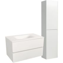 Naturel - Set Meuble 86cm suspendu blanc mat avec 2 tiroirs + Vasque marbre coulé blanc mat + Armoire (Verona86BBB)