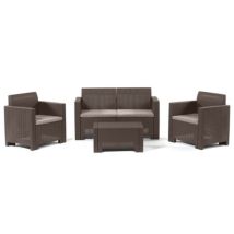 Salmar - Nebraska Ii Garden Lounge Set With Table, Two Armchairs And A Sofa With Brown Rattan Effect Polypropylene Cushions