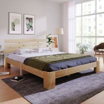 NEED Lit en Bois Lit Double avec Tête de Lit Cadre de Lit avec Sommier à Lattes 200 x 140 cm Bois Massif Lit en Pin