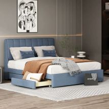 Lit Rembourré en Lin Bleu, 140 x 200 cm Lit Double avec 4 Tiroirs, Tête de Lit Rembourrée et Sommier à Lattes (sans Matelas) - Need