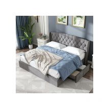 Need - Lit Rembourré en Velours Gris, 180 x 200 cm Lit Double avec 4 Tiroirs, Tête de Lit Rembourrée et Sommier à Lattes, Moyennement Ferme (sans