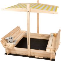 Needs&wants - Sandkasten mit Abdeckung Dach Deckel Sitzbank und Boden, Sandkiste Holz quadratisch verschließbar UV-Sonnenschutz mit Bank Outdoor