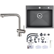 Auralum - Fregadero de Cocina 55 x 45cm + Grifo de cocina con ducha extraíble en Acero inoxidable, con Dispensador de Jabón 300ml y Sifón set