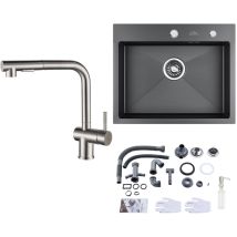 Auralum Max - Fregadero De Cocina 55 X 45cm + Grifo De Cocina Con Ducha Extraíble En Acero Inoxidable, Con Dispensador De Jabón 300ml Y Sifón Set