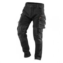 NEO TOOLS Pantalon de travail en denim noir, tailles XS-3XL coton + élasthanne genou renforcé, poches multifonctionnelles, rangement des outils,