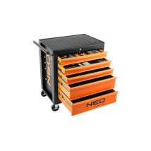 Neo Tools - Servante d'atelier remplie d'outils, 117 pièces, 5 compartiments, tiroirs avec roulement à billes, verrouillable centralement, tapis