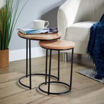 Home Source - Nest 2 Tables Round Acacia Wood Tables Iron Legs Home Compact Furniture Storage