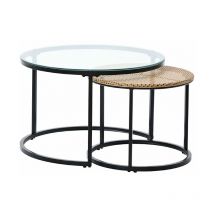 Roomee - Nesting Coffee Table Set Round Coffee Table With Glass And Rattan Top