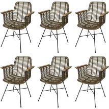 HHG - neuwertig] 6er-Set Esszimmerstuhl 087, Küchenstuhl Korbstuhl Rattanstuhl Stuhl mit Armlehnen, Kubu Rattan Holz Metall