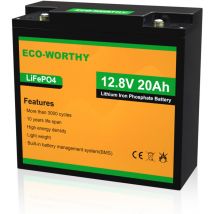 ECO-WORTHY Lithium batterie 12V 20Ah LiFePO4 Akku mit über 3000+ Tiefzyklus und BMS Schutz