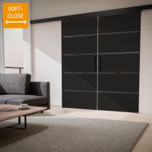 Schiebetür doppelflügelig Schwarz Glas Tür satiniert 1800 x 2035 Zimmertür Glasschiebetür - Stabgriff+2seitiger Softclose