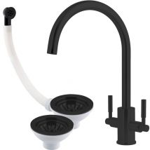 Fnx Bathrooms - Matt Black Kitchen Tap with Double Basket Strainer Waste & Round Overflow