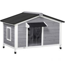 Niche chien style cottage - 2 fenêtres, porte, toit ouvrant bitumé - bois sapin gris